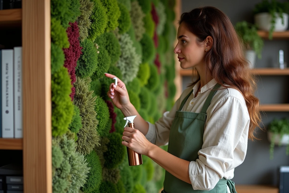 Femme arrosant un mur végétal de mousse sans terre à l'intérieur d'un bureau à domicile moderne