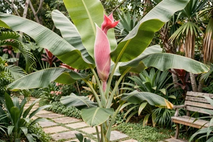 Musa velutina en fleur dans un jardin ornemental avec sa bractée rose veloutée caractéristique