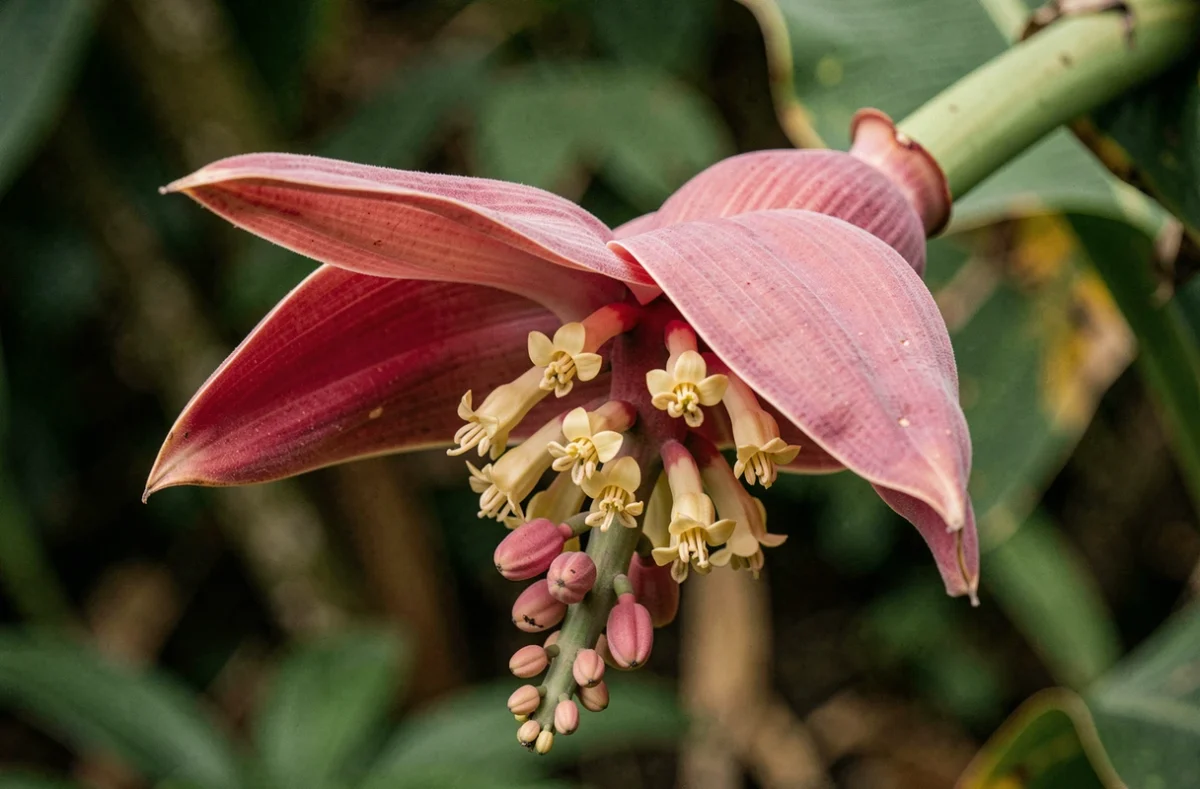 Gros plan sur la bractée rose et les fleurs du bananier Musa velutina avec les fruits miniatures