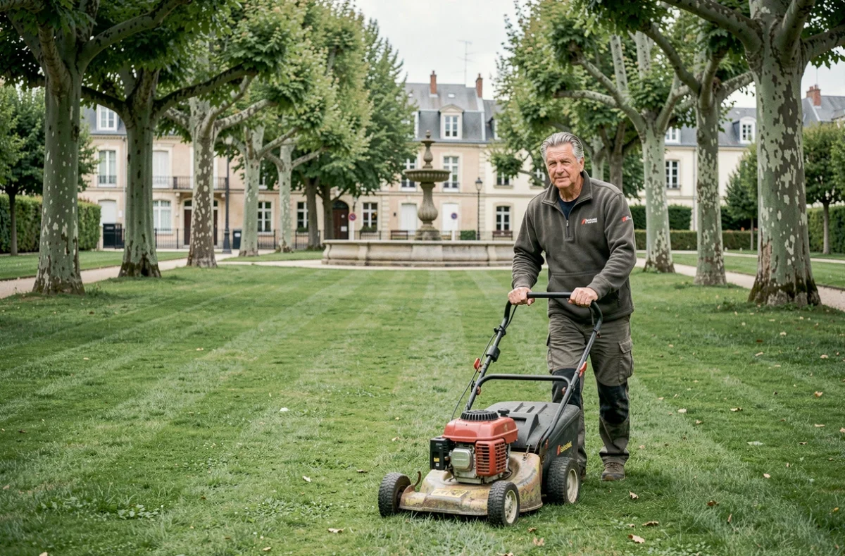 Paysagiste de Nat'Vert Paysage tondant une pelouse d'espace vert municipal à Auxerre avec des bâtiments bourguignons en arrière-plan