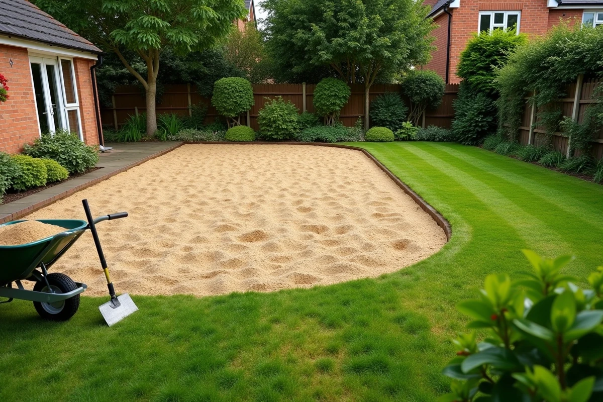 Vue grand angle d'une pelouse en cours de nivellement avec sable de terreautage et outils de jardinage posés sur le gazon