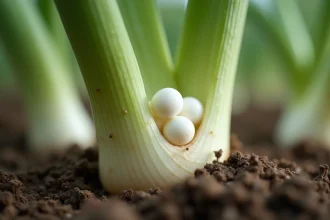 Œufs de ravageur insecte visibles entre les feuilles d'un poireau dans un potager