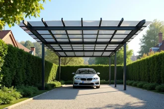 Ombrière photovoltaïque en métal et polycarbonate installée dans un jardin résidentiel avec voiture en dessous