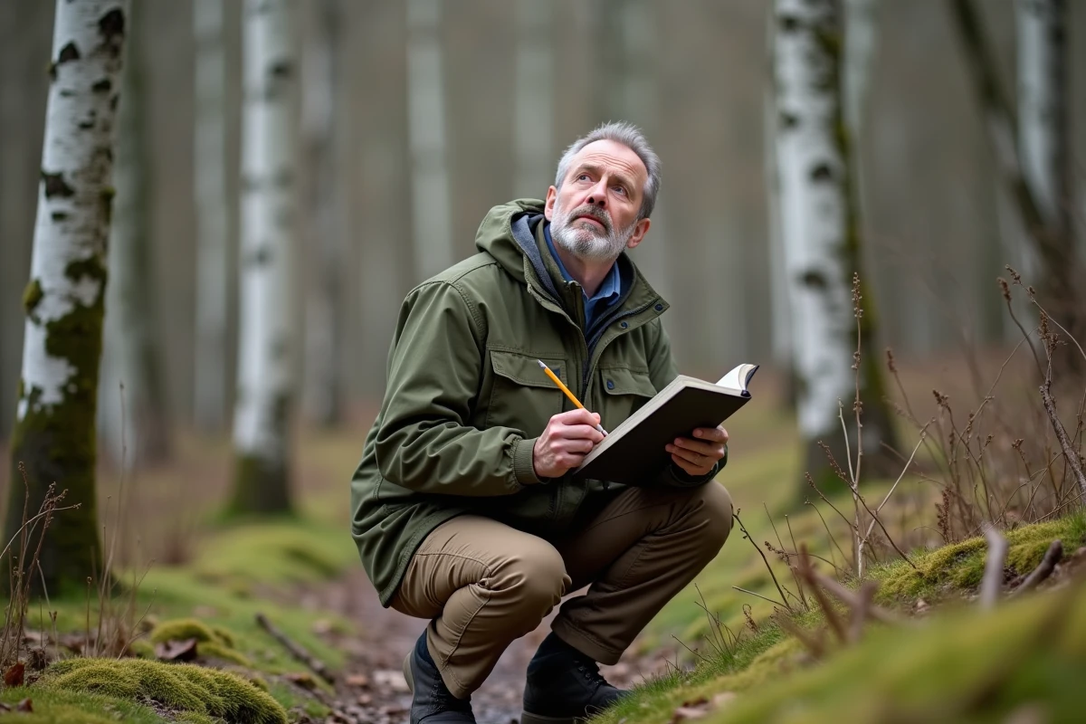 Ornithologue accroupi en forêt au printemps, carnet de notes à la main, écoutant le chant des oiseaux dont la mésange charbonnière