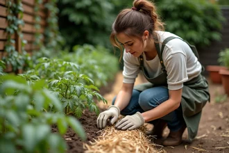 Femme appliquant du paillage de paille autour de plants de tomates pour maintenir l'humidité du sol dans un potager