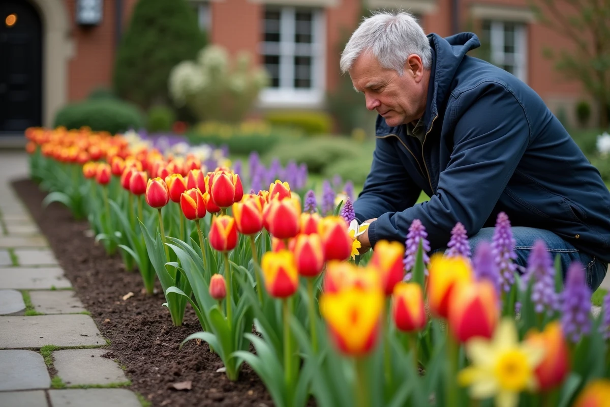 Parterre de tulipes, jacinthes et narcisses en fleurs dans un jardin de printemps avec jardinier