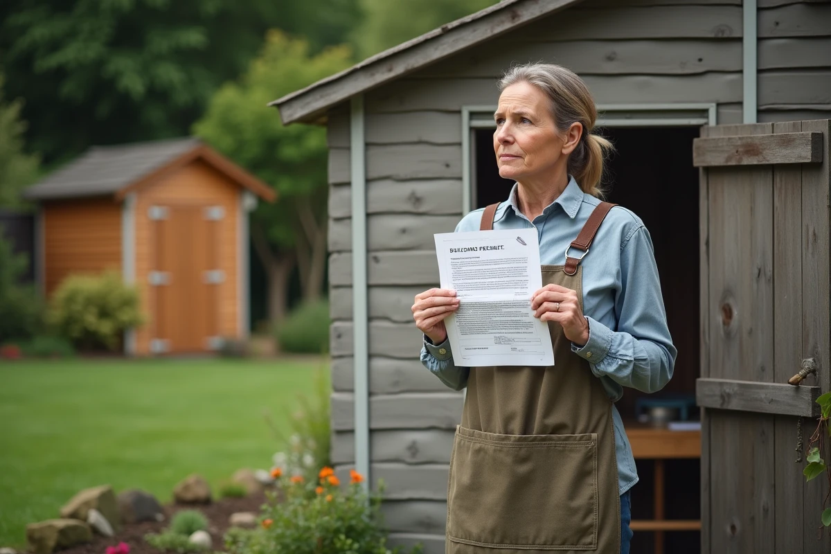 Femme tenant un permis de construire devant un abri de jardin métallique avec un second abri visible en arrière-plan flou