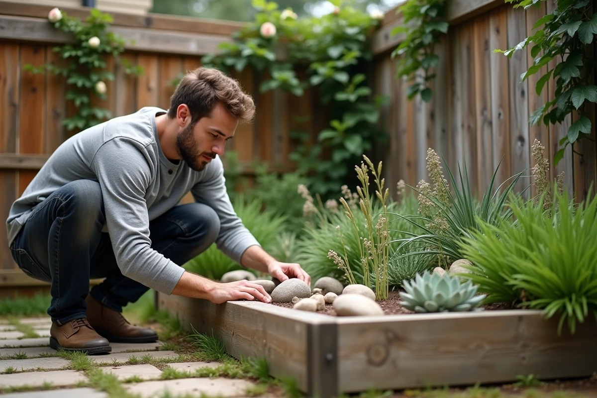 Homme arrangeant un petit jardin arrière avec une jardinière surélevée en bois et des pierres décoratives