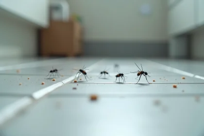 Petites bêtes noires sautantes sur carrelage de cuisine, photo macro réaliste pour identifier des insectes nuisibles
