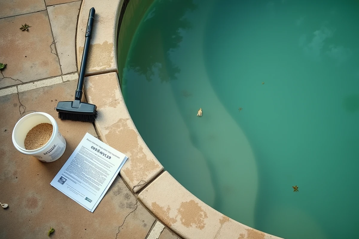 Vue plongeante d'une piscine envahie par les algues avec produit chlore choc et brosse de nettoyage sur le bord du bassin