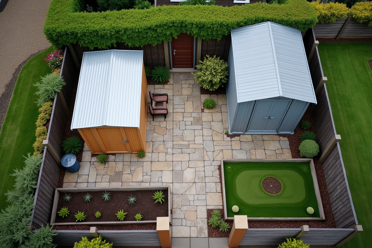 Vue plongeante d'un jardin résidentiel montrant deux abris de jardin de tailles et matériaux différents positionnés dans les coins opposés du terrain