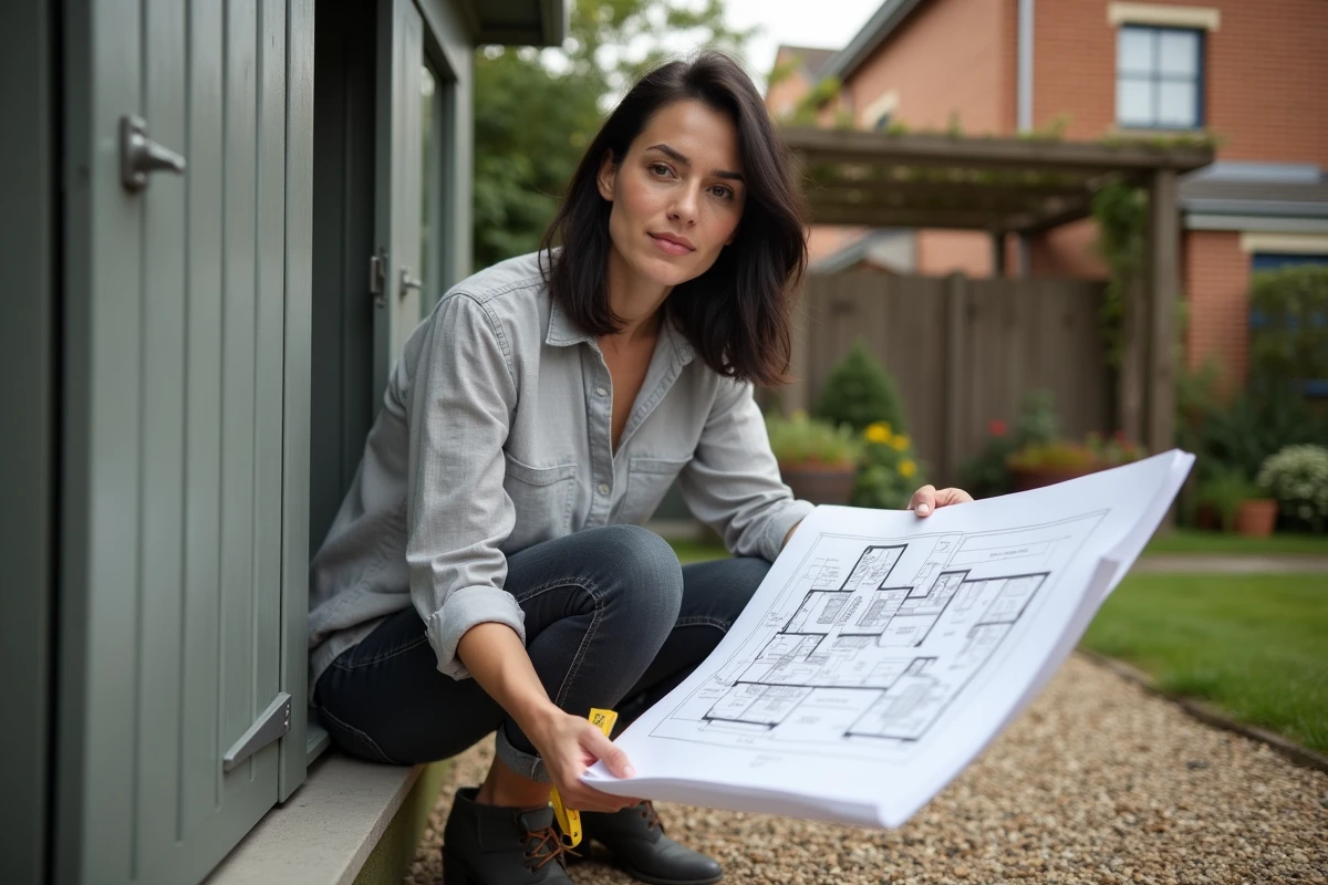 Femme consultant un plan d'abri de jardin métallique pour vérifier la surface autorisée sans permis de construire