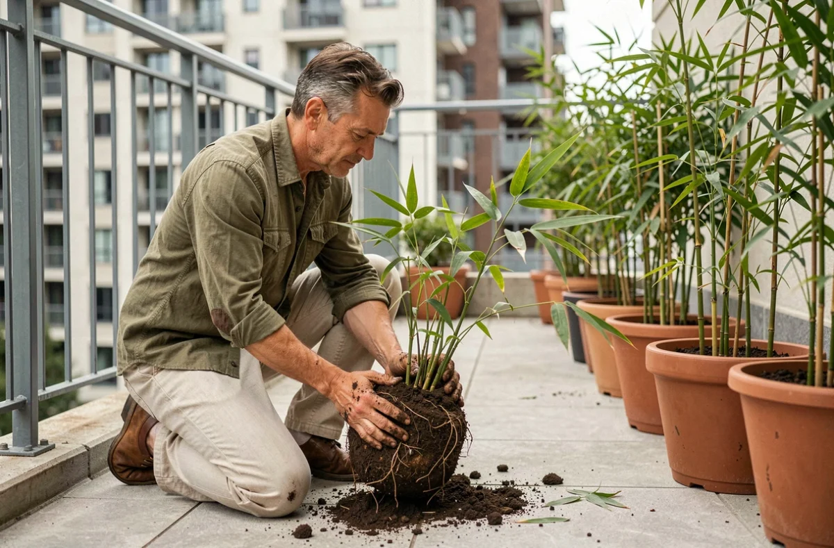 Jardinier plantant des bambous en pot non traçants sur une terrasse urbaine pour créer une intimité vis-à-vis