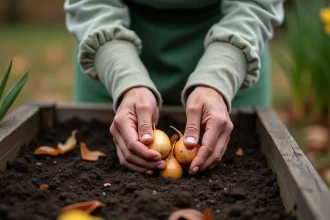 Mains de jardinière plantant des bulbes de tulipes et jonquilles dans la terre en automne