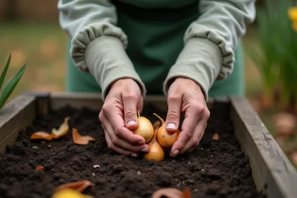 Mains de jardinière plantant des bulbes de tulipes et jonquilles dans la terre en automne