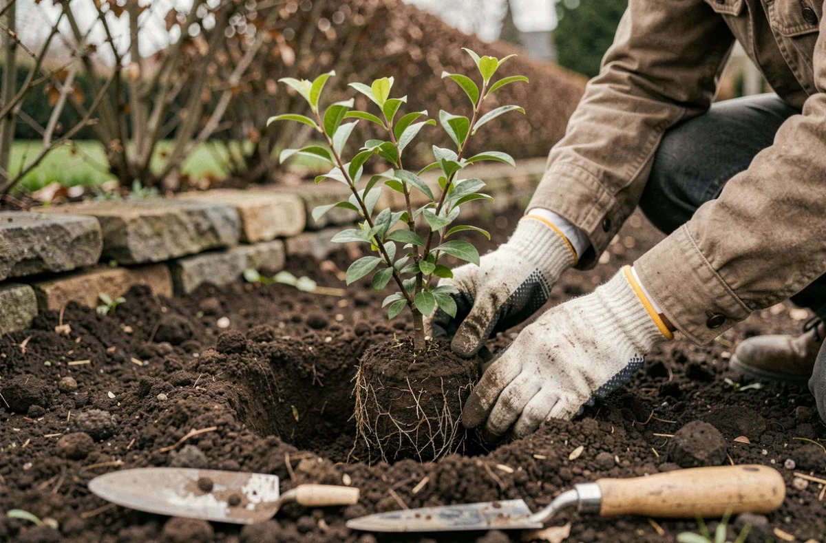 Plantation d'un jeune arbuste Colina Josta dans un jardin avec sol préparé et truelle