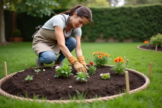 Femme en tablier de jardinage plantant des fleurs dans un massif circulaire délimité à la corde dans un jardin