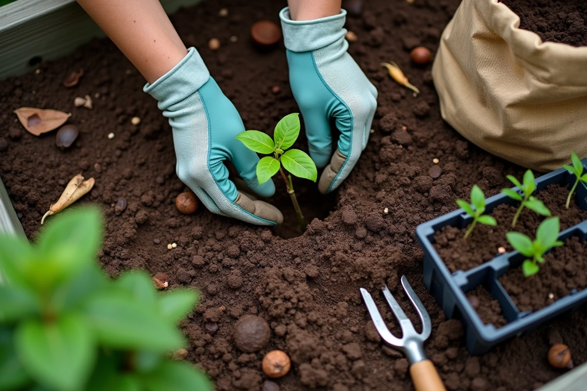 Mains gantées plantant un jeune plant de fleur dans un parterre de jardin surélevé avec du compost