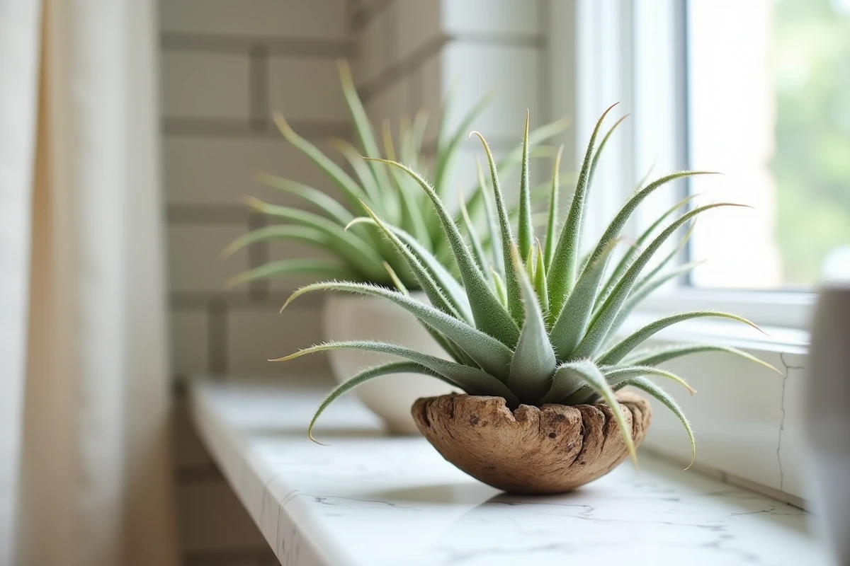 Plante aérienne Tillandsia sans terre posée sur un morceau de bois flotté sur une étagère en marbre blanc