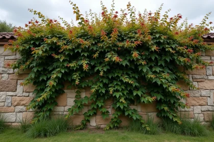 Vigne vierge résistante au vent grimpant sur un vieux mur en pierre dans un jardin côtier français