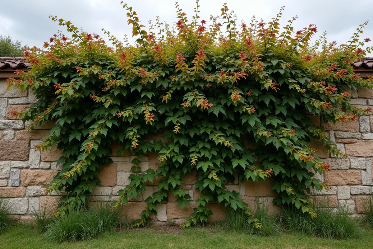 Vigne vierge résistante au vent grimpant sur un vieux mur en pierre dans un jardin côtier français