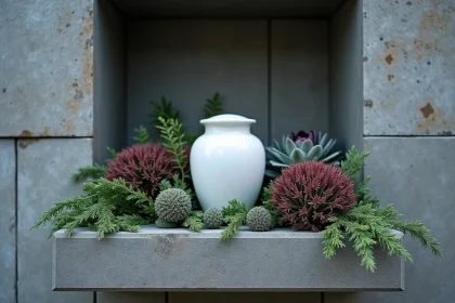 Urne funéraire en céramique blanche dans une niche de columbarium entourée de bruyère, lierre et chou ornemental en hiver