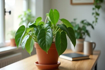 Plante pothos en pot de terre cuite sur un bureau en bois, connue pour produire de l'oxygène et purifier l'air intérieur