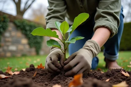 Femme plantant un jeune figuier en automne dans un jardin résidentiel avec un sol terreux et des feuilles mortes au sol