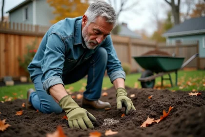 Homme en train de semer des graines de gazon dans un jardin en automne, sol fraîchement préparé