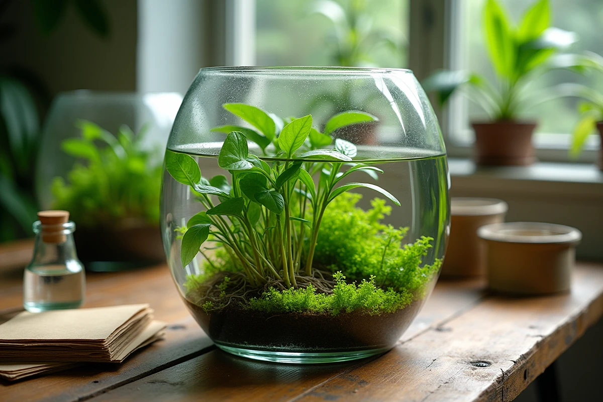 Terrarium en verre avec des plantes aquatiques sans terre dans l'eau sur une table en bois recyclé dans un atelier botanique