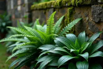 Coin de jardin ombragé avec fougères et hostas poussant sans soleil le long d'un mur en pierre