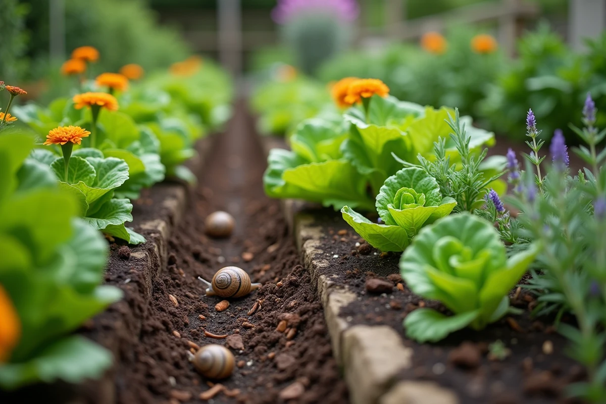 Rangées de légumes et plantes répulsives comme les œillets d'Inde pour éloigner les nuisibles dans un potager traditionnel