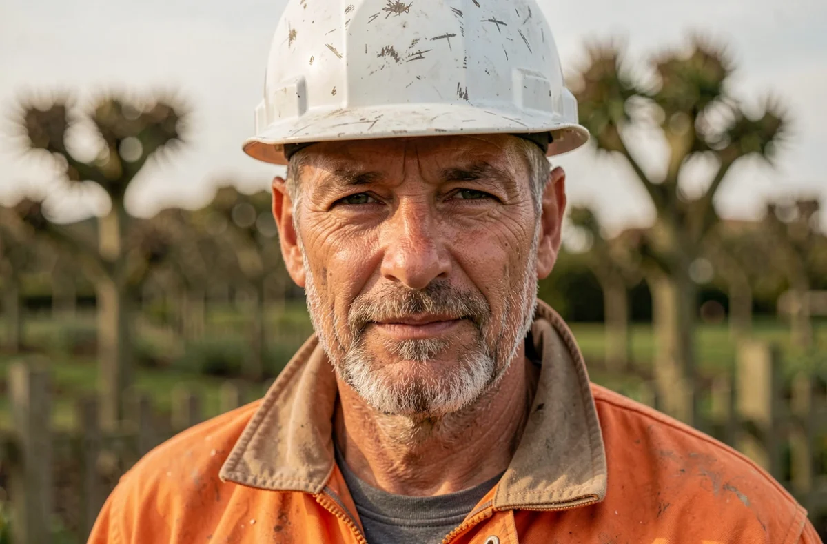 Portrait d'un élagueur expérimenté dans les Landes avec casque de sécurité et veste de travail orange