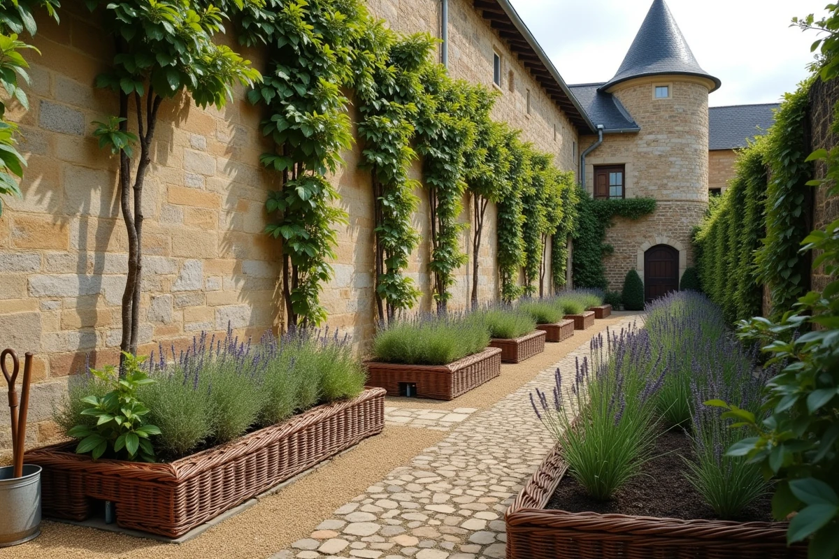Potager Renaissance d'un château de la Loire avec herbes aromatiques, murs en pierre et tourelle