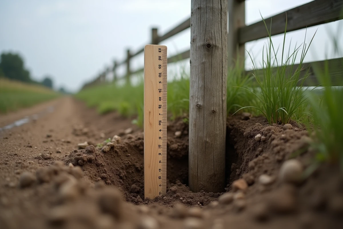 Poteau de clôture en bois traité installé en profondeur dans un trou avec règle de mesure visible
