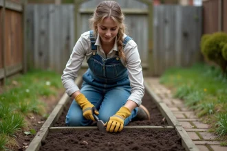Femme préparant un parterre de fleurs en retournant la terre avec une truelle dans un jardin au printemps