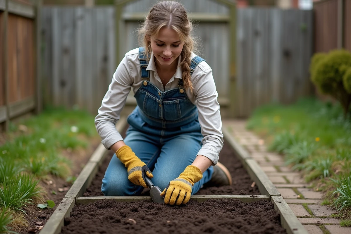 Femme préparant un parterre de fleurs en retournant la terre avec une truelle dans un jardin au printemps