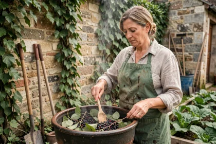 Femme préparant du purin de sureau dans un grand pot en terre cuite au jardin