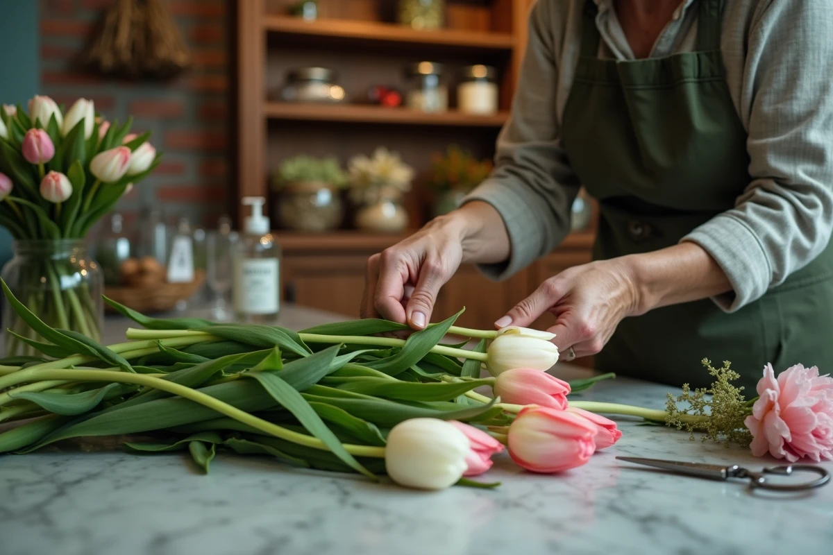 Gros plan sur des mains préparant des tiges de fleurs sur un comptoir en marbre dans un atelier de fleuriste