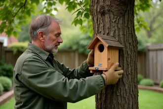 Homme installant un nichoir en bois sur un arbre avec un collier de protection anti-prédateurs dans un jardin verdoyant