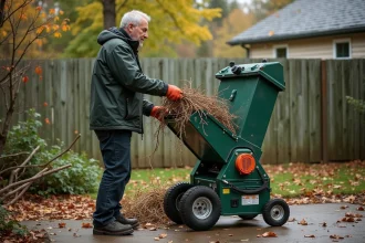 Homme utilisant un broyeur de végétaux électrique dans un jardin en automne