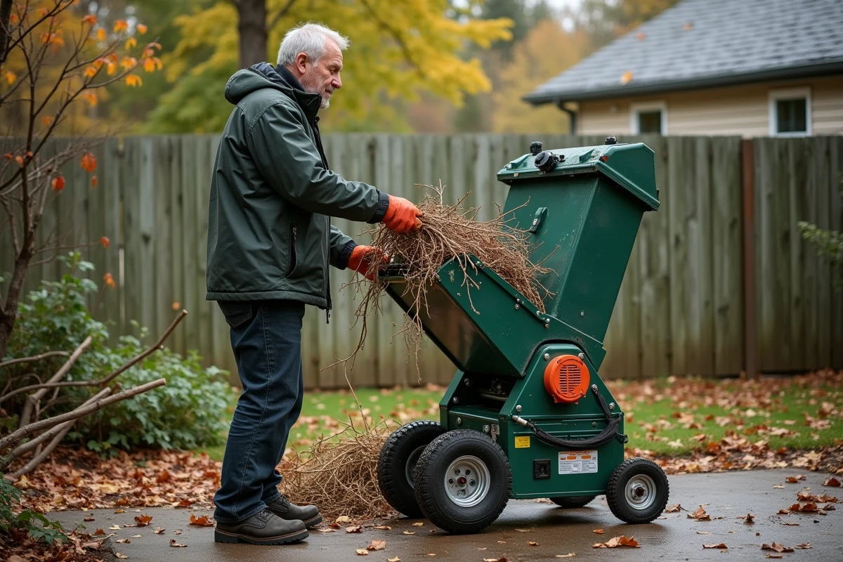 Homme utilisant un broyeur de végétaux électrique dans un jardin en automne