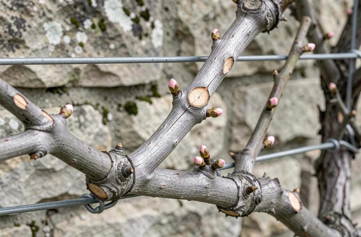Gros plan sur les rameaux taillés d'un pêcher de vigne en fructification avec bourgeons naissants sur mur en pierre