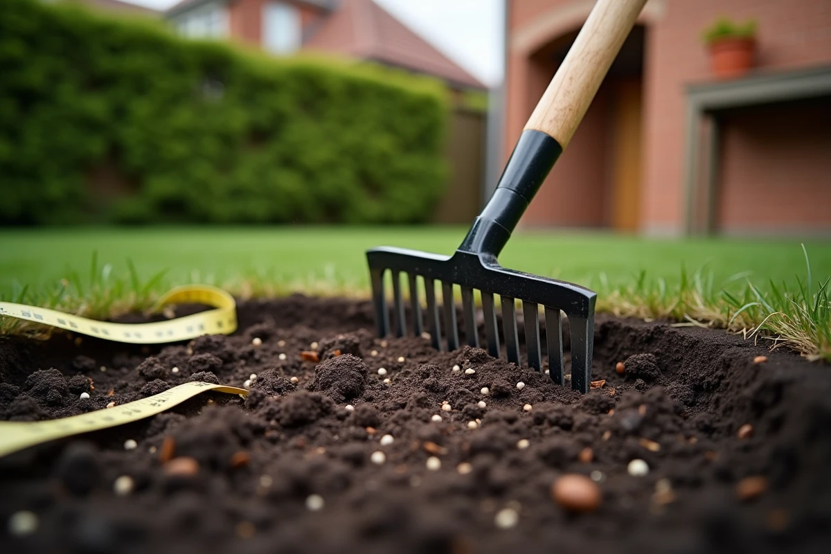 Gros plan d'un râteau préparant le sol pour la plantation de gazon avec des graines visibles en automne
