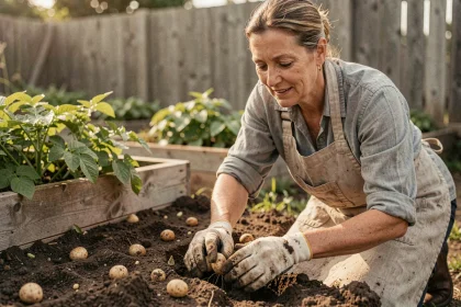 Femme qui récolte des pommes de terre nouvelles dans un potager, mains dans la terre