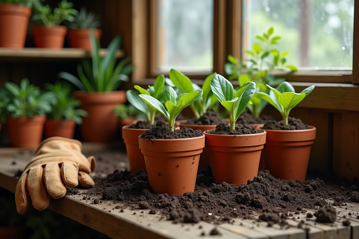 Jeunes plants de vivaces en pots en terre cuite sur un établi de rempotage en bois rustique