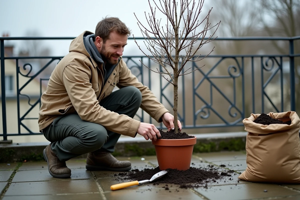 Homme en train de rempoter un figuier en pot sur une terrasse en hiver avec un ciel gris et un sol en pierre ancienne