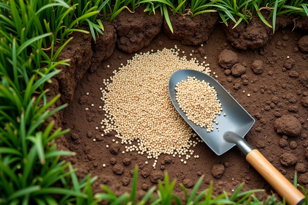 Vue aérienne en gros plan d'une pelouse en cours de rénovation sans retournement de terre avec compost et semences posés directement sur l'herbe existante
