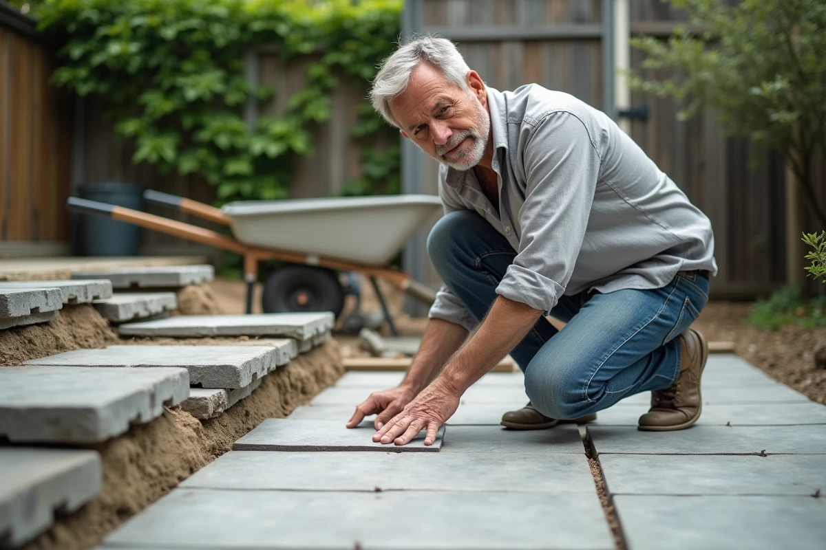 Homme inspectant des dalles en pierre naturelle lors de travaux de rénovation de terrasse dans un jardin de maison individuelle