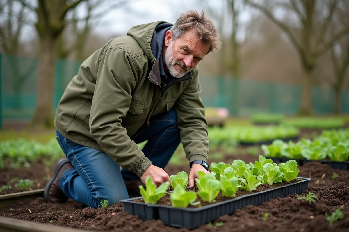 Homme qui repique des jeunes plants de laitue dans un jardin potager partagé au printemps